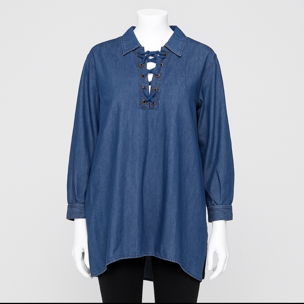 Lane Bryant Women’s Plus Size Denim Tunic Shirt 18/20 Lace-Up Long Sleeve Blue - Picture 2 of 9